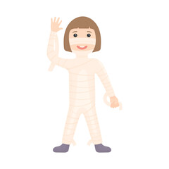 Girl in a mummy costume for Halloween. Mummy girl waving her hand. Vector illustration on a white background