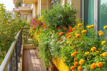 Fototapeta premium Vibrant balcony garden adorned with colorful flowers, showcasing urban living in a sunny setting
