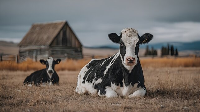 Two Holstein cows resting peacefully in a dry field with an old wooden barn in the distant background.