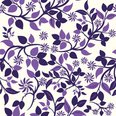 This charming seamless botanical pattern features stylized flora and organic designs. It has various shades of purple in vines and unique star-like flowers on a light beige background.