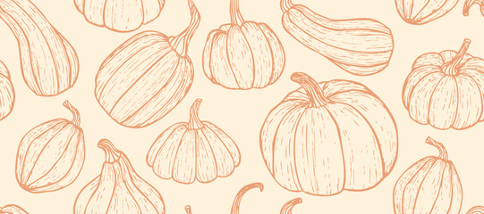 Hand drawn seamless pattern with pumpkins in sketch style for autumn. Backgrounf for thanksgiving ans halloween packaging, fabric, wrapping and decoration