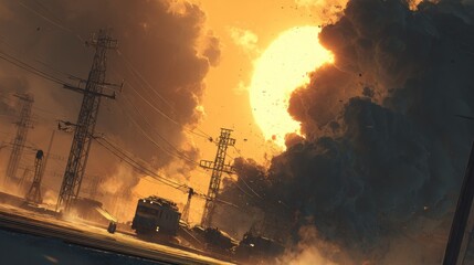 Fototapeta premium Industrial scene, golden sun, dramatic smoke