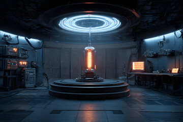 High-tech product podium platform studio in spaceshi with electric wire lamp ad engine background. Hi-teh retro stage and Future sience and technology theme 3D illustration renderinggraphic