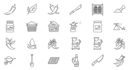 Chili Pepper Farming and Production Thin Line Icon Set.