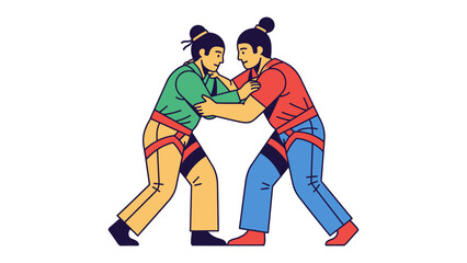 Mongolian Wrestling Duel: Two wrestlers, adorned in traditional attire, lock in an intense match, the dynamic composition capturing the energy and strategy of this ancient martial art.