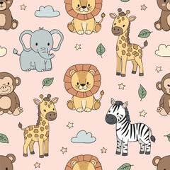 Fototapeta premium create need Baby hand drawn design for textile, posters, cards. Baby animals pattern. Fabric baby design.. Vector illustration with cute animals. Nursery baby pattern illustration pink background