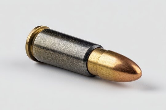 Top view of a 7 62 mm military cartridge on a white surface