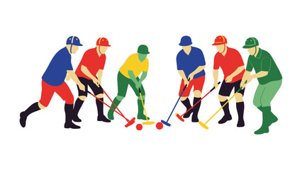 Obraz premium Polo Action Illustration: A dynamic illustration captures the intensity of a polo match. The players, rendered in a vivid, flat design, are poised mid-action. Their focused expressions.