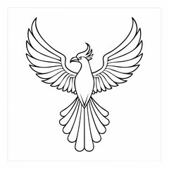 Phoenix bird simple black line art image, Black bold outline vector icon, Bird vector illustration
