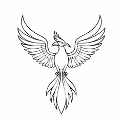 Obraz premium Phoenix bird simple black line art image, Black bold outline vector icon, Bird vector illustration