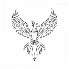 Phoenix bird simple black line art image, Black bold outline vector icon, Bird vector illustration