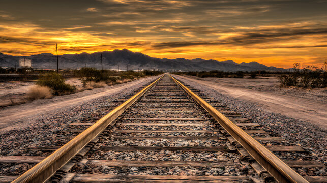 Railroad tracks stretch into the distance towards mountains under a dramatic sunset sky in the desert.