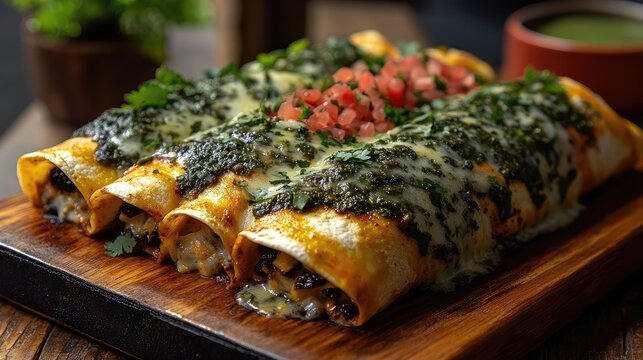 Gourmet enchiladas on wooden board, restaurant setting, salsa in background