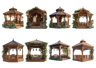 Beautiful wooden gazebos surrounded by lush greenery and vibrant flowers