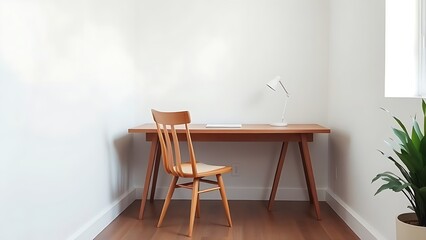 A clean and simple office corner featuring a wooden desk and chair under soft natural light.