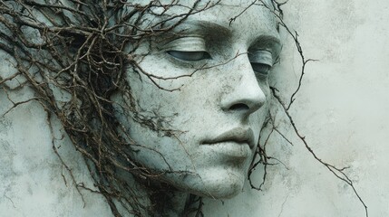 Stone mask adorned with vines, serene face, neutral background. Possible use Fine art, surreal imagery