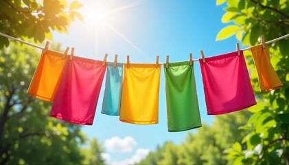 Brightly colored clothes flapping in the breeze on a clothesline, bathed in warm sunlight on a perfect summer day Fresh laundry, outdoor drying, natural light, clean, vibrant , sunshine, clothesline