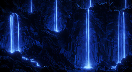Glowing blue cave waterfalls Fantasy background, luminous streams rocky cavern wallpaper, surreal nature backdrop
