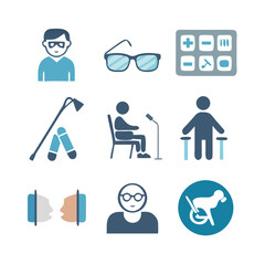 Disabled person set icon. Crutches, braille, wheelchair, cane, hearing aid, prosthetic, guide dog, glasses, hospital bed, communication, support, accessibility, healthcare, therapy, disability. See Le
