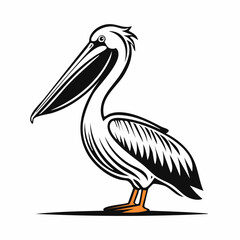 Pelican bird simple black line art image, Black bold outline vector icon, Bird vector illustration