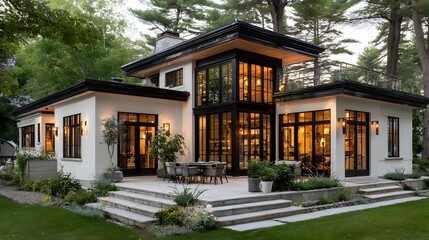 Fototapeta premium Contemporary home exterior boasts expansive and manicured landscaping on a sunny afternoon setting.