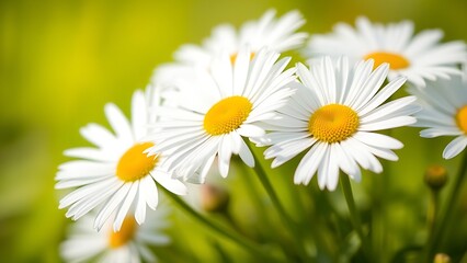 Close-up of fresh daisies with a soft green backdrop, natural light enhancing their delicate beauty.