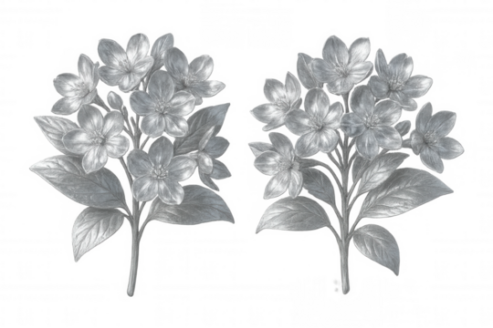 Pencil drawing featuring two silver flower bouquets on a transparent background, perfect for elegant and nature-inspired designs