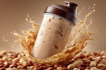 Dynamic Protein Shake Splash with Nuts on Brown Surface