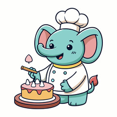 Adorable Cartoon Elephant Chef Baking Delicious Cake in Pastel Colors | Cute Animal Culinary Vector Illustration for Kids and Decor
