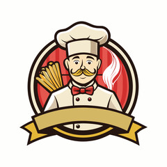 Vintage pasta restaurant badge vector with retro chef holding spaghetti, classic Italian food emblem design for authentic dining branding.