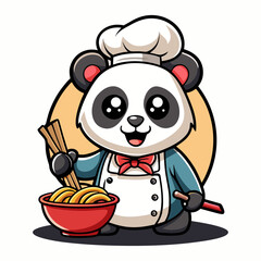 Cute cartoon panda chef cooking delicious noodles with chopsticks, fun Asian food illustration, playful culinary animal vector artwork design