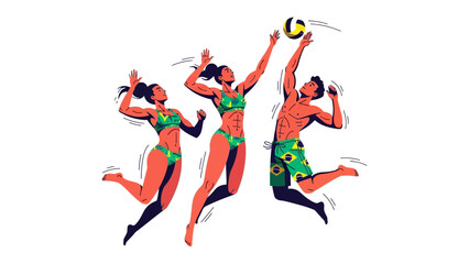 Dynamic Volleyball Action: A vibrant illustration captures the energy of a volleyball game, with three athletic figures leaping and diving in mid-air.