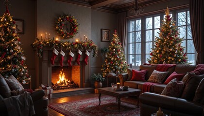 Obraz premium A cozy living room adorned with Christmas decorations, featuring two elegant Christmas trees, stockings, a warm fireplace, and a plush sofa.