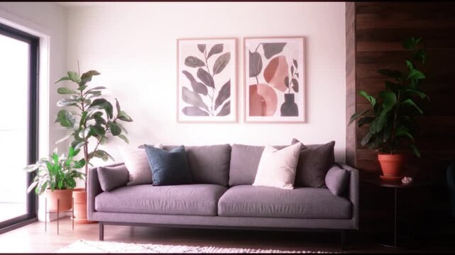  cinematic zoom-in motion into a modern duplex interior,