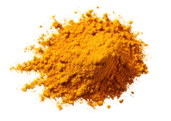 A vibrant pile of turmeric powder, heaped in a slightly conical shape.  The powder is a rich golden yellow and spreads outward in a cloud, creating a textured, uneven surface