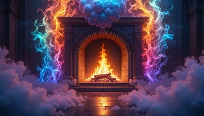 Fototapeta premium A magnificent, ornate fireplace, filled with a warm fire, is surrounded by swirling, vibrant, colorful, ethereal smoke and clouds, creating a captivating and magical scene.