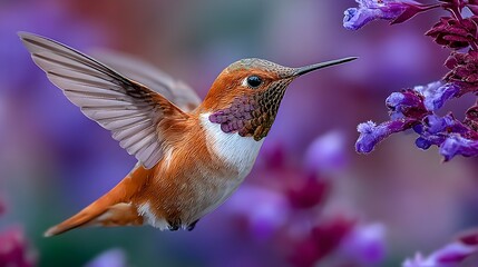 Fototapeta premium A vibrant rufous hummingbird with wings spread approaches delicate purple flowers in a garden scene outdoors.