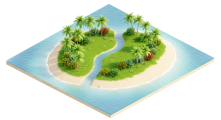 secluded tropical island paradise isometric view of lush greenery, pristine beach, and calm waters, isolated on transparent background