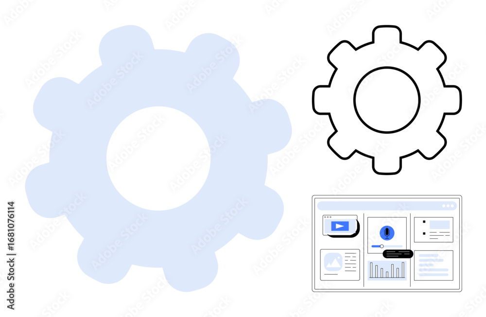 Wall mural large translucent gear, outlined gear, and interface screen with graphs and data visuals. ideal for 