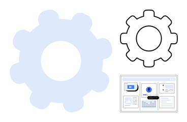 Large translucent gear, outlined gear, and interface screen with graphs and data visuals. Ideal for automation, workflow, technology, productivity, innovation engineering software. Simple flat