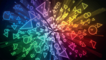 Explosion of colorful geometric shapes and lines radiating from the center, creating a dynamic and energetic abstract visual