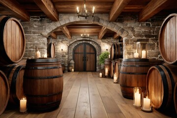 Wine cellar with wooden barrels and burning candles creating warm atmosphere