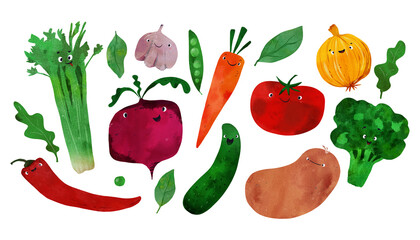 Watercolor illustration set of happy vegetables with cute faces: pepper, celery, beet, carrot, cucumber, tomato, potato, broccoli, garlic, onion, peas, leaves. Learning material, healthy eating poster