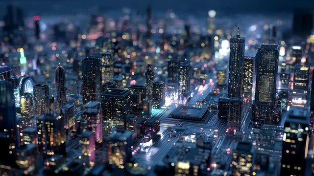 Top-down view of a futuristic metropolis made from microchips and circuits, skyscrapers forming a digital cityscape in a cyber world, high-tech urban concept, electronic landscape.