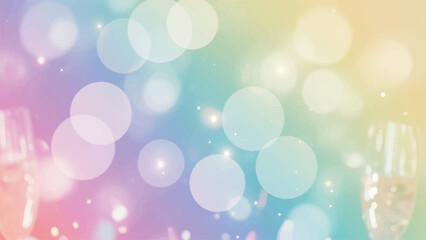 Obraz premium Soft focus bokeh lights in pastel rainbow colors with sparkling glitter and blurred champagne glasses, creating a festive and celebratory atmosphere