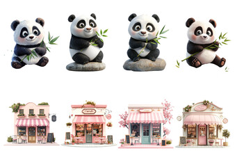 Adorable Panda Characters Enjoying Bamboo Surrounded by Cute Shops