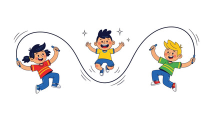 Kids skipping rope: The image portrays three joyous children engaged in a rope-skipping activity, embodying playfulness and coordination.  A celebration of youth and movement.