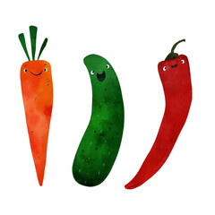 Watercolor illustration set of happy vegetables with cute faces: carrot, cucumber, pepper. Perfect for children's books, educational materials, healthy eating posters, or nursery decor