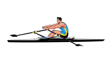 Athlete Rowing on a sleek scull: An illustrated athletic individual single-handedly navigates a slender, expertly crafted scull with precision and grace, showcasing skill, strength.