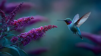 Fototapeta premium A vibrant hummingbird hovers midair, reaching for nectar from a beautiful, blooming purple flower branch.